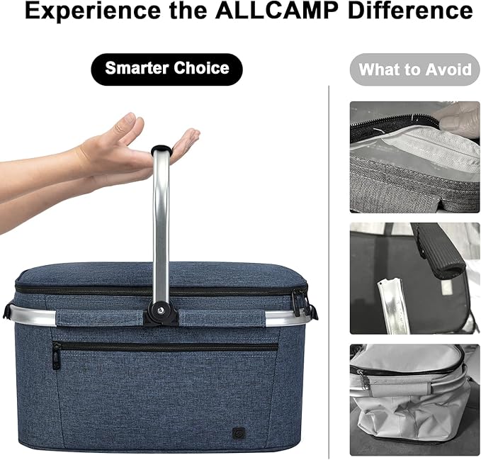 ALLCAMP Picnic Basket - 2 Ice Box Included 32L Insulated Cooler, Thickening Foldable Picnic Basket with Removable Baskets & Sewn-in Frame, Basket for House Warming Gifts New Home(Blue)
