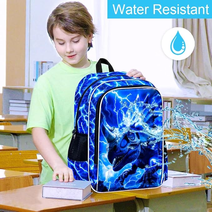 3Pcs Dinosaur Backpack for Boys, 17" Kids Lightning Bookbag for Elementary Preschool Kindergarten, School Backpacks with Lunch Box (Blue)