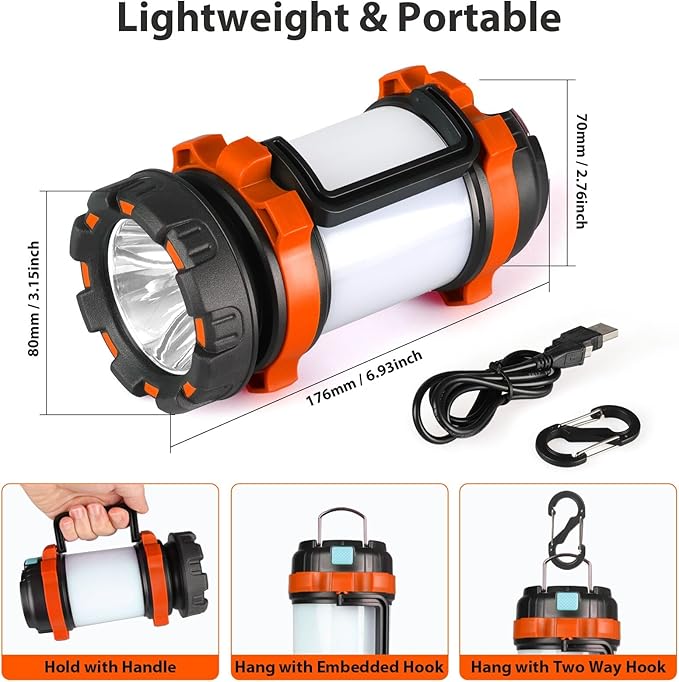 2 Pack Camping Lantern, Outdoor LED Camping Light, Rechargeable Flashlights with 1000LM, 6 Modes, IPX5 Waterproof Portable Emergency Camp Light for Hurricane Survival - Orange