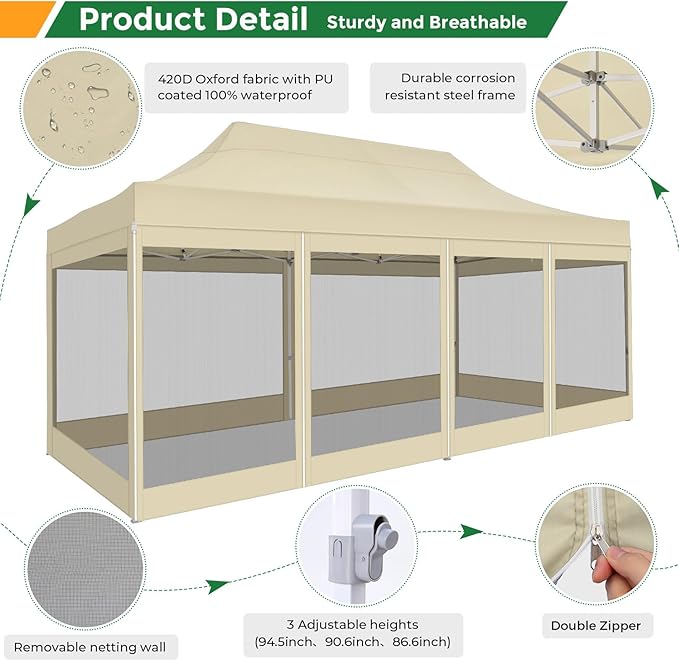 COBIZI 10x20 Heavy Duty Pop Up Canopy with 6 Sidewalls, Commercial Gazebo Party Tent with Mosquito Netting Wall Easy Set Up Outdoor Instant Screen Tent for Backyard, Patio, Garden, Khaki