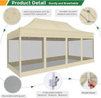 COBIZI 10x20 Heavy Duty Pop Up Canopy with 6 Sidewalls, Commercial Gazebo Party Tent with Mosquito Netting Wall Easy Set Up Outdoor Instant Screen Tent for Backyard, Patio, Garden, Khaki
