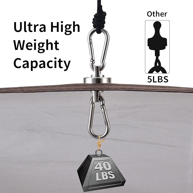 Heavy Duty Magnetic Clips with Carabiner, 8-Pack (4 Pairs) | 40LB Strong Silver Neodymium Magnets for Tent, Awning, RV & Cruise Cabin | No Drill Hooks, Camping Essentials & Tent Accessories
