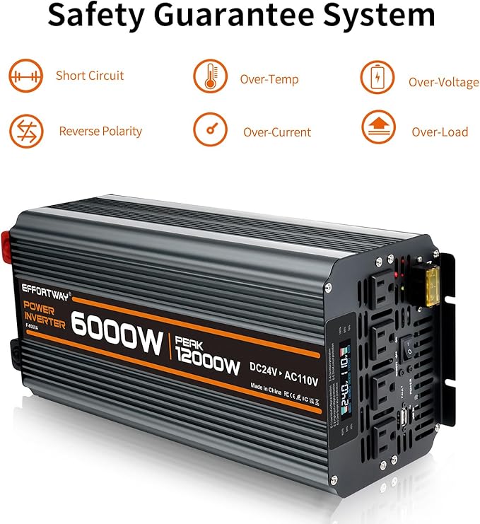 Power Inverter DC 24V to AC 110V/120V Converter with LCD Display Wireless Controller, Cable Pair,AC outlets USB.RV Travel,Suitable for Camping,and Off-Grid Solar Systems (6000w-24v)