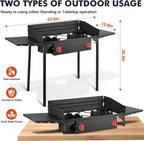Llamaviva 2 Burner Propane Stove with Windpanel, Camping Stove with Side Shelves, 150000 BTU Propane Burners Removable Legs & Regulator Hose & Carrying Bag