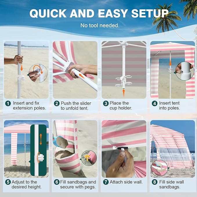Rhino Valley Beach Cabana, 8 * 8FT Beach Tent UPF50+ Protection, Easy Setup Beach Canopy Wind Resistant with Cup Holder, Compact Beach Shade Foldable Beach Tent Sun Shelter, Pink & White Stripes