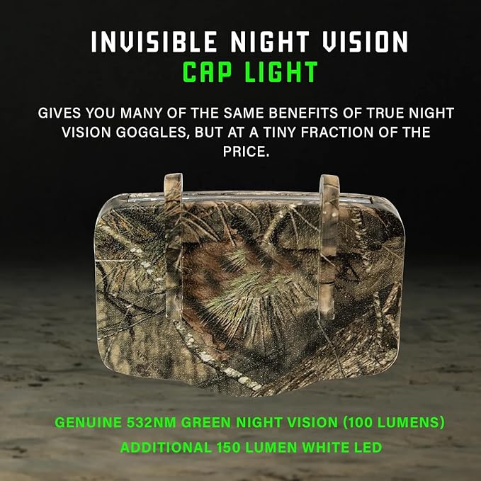 MODERN NEEDS Night Vision Cap Light –Compact, Clip-On Hat Flashlight Powered by AAA | Dual LED Modes for Camping & Hunting | Lightweight Hat Flashlight for Billed Hats Suitable for Outdoor use Camo