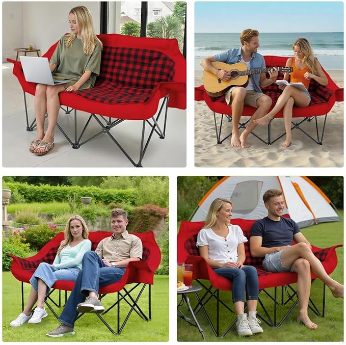 Heated Double Camping Chair, Padded Camping Couch with 3 Heat Levels and 4 Heating Zones, Oversized Camp Loveseat Support 800lbs for Soccer Games, Tailgating, RV Travel, Beach Days（Not Battery）
