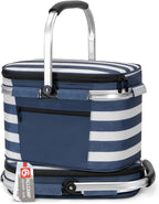 ALLCAMP Picnic Basket - Insulated Cooler, Thickening Foldable Picnic Basket with Removable Baskets & Sewn-in Frame, Basket for House Warming Gifts New Home(Blue White)
