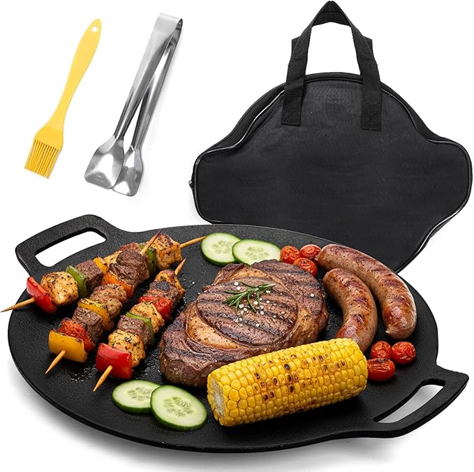 Korean BBQ Grill, Nonstick Round Griddle Pan with Bag, 12 Inch 6 Layer Coating BBQ Griddle, Cast Iron Griddles for Stove Top, Induction, Outdoor Camping, Tawa Roti Pan