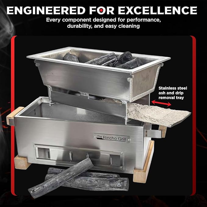 The Bincho Grill 16" Mini Yakitori Grill – Stainless Steel Mini Tabletop Charcoal BBQ with Charcoal Box, Optimized Airflow & Cool-Touch Base - Perfect for Japanese Grilling, Skewers, Meat, Seafood