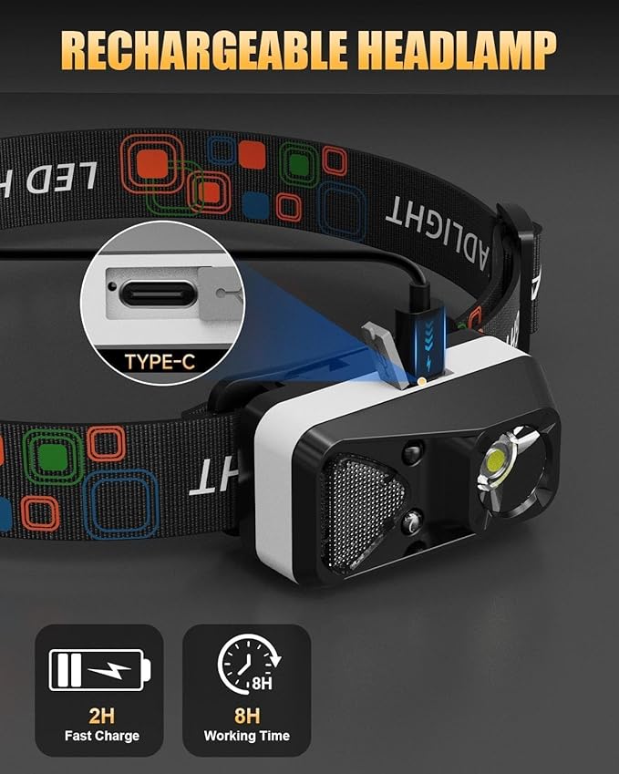 LED Headlamp Rechargeable with Motion Sensor, Ultralight Bright Headlight with White Red Light Waterproof 6 Modes for Outdoor Camping Running Hard Hat Fishing Repair, 5 Pack