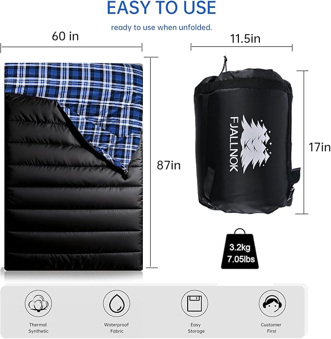Double Sleeping Bag Cotton Flannel for Camping, Backpacking Or Hiking. Queen Size 2 Person Waterproof Sleeping Bag for Adults Or Teens. Lightweight with Compression Sack