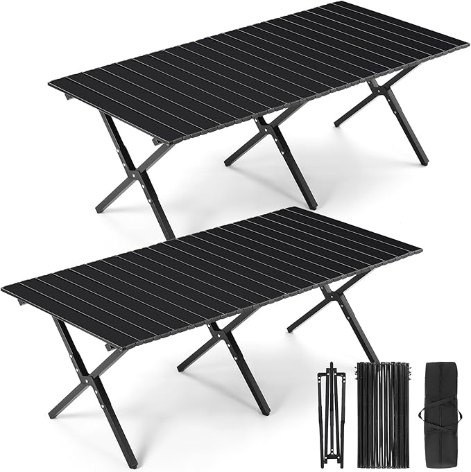 Suzile 2 Pack Foldable Camping Table 4ft Portable Lightweight Picnic Table Collapsible Roll up Metal Camp with Carry Bag for Camping, Picnic, Patio, Outdoor Party(Black)
