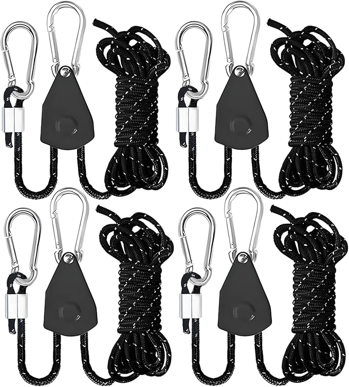 CONBOLA Camping Rope 1/8" Adjustable Rope Hanger & Pulley System with Metal Gear Heavy Duty Ratchet Tie Down Straps Camping Accessories for Tents, Tarps & Kayaks,Durable Paracord Rope for Grow Light.