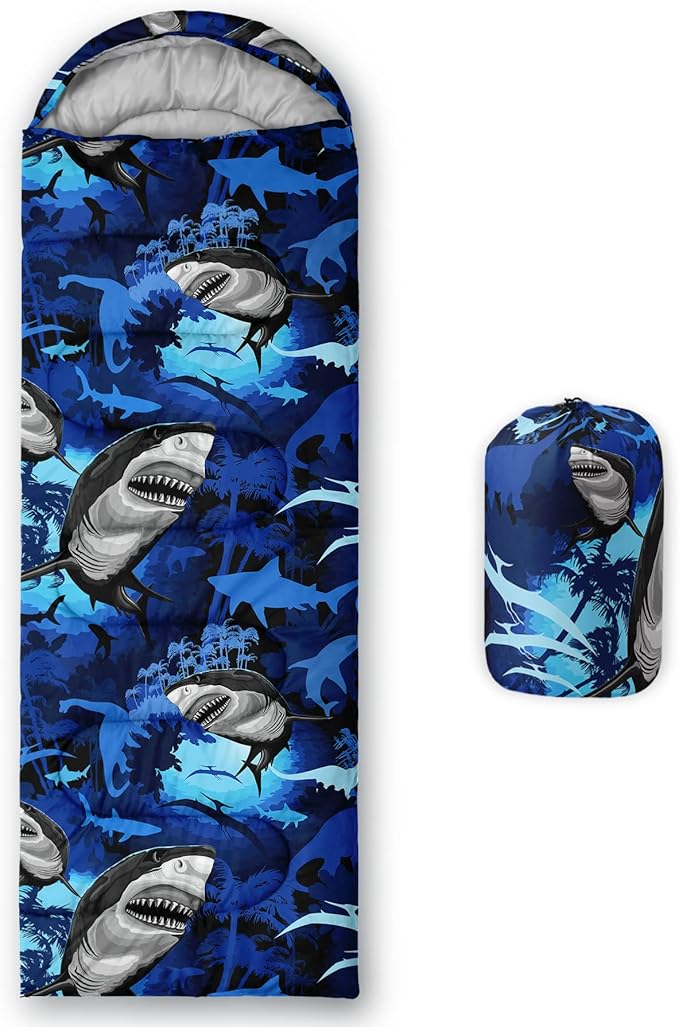 BailiPromise Shark Printed Camping Sleeping Bags,3 Season Warm & Cool Weather,Lightweight,Waterproof Sleeping Bags for Adults & Kids,Traveling,and Outdoors,Camping Gear Equipment,31x90inch, Standard