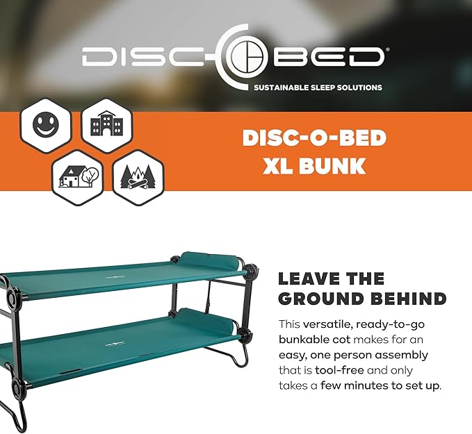 Disc-O-Bed Extra Large Portable Bunk Camping Cots with Carry Bags - Heavy-Duty Indoor or Outdoor Sleeping System, Converts to Bench or Separate Beds, 500 lb Weight Capacity Per Cot, Green