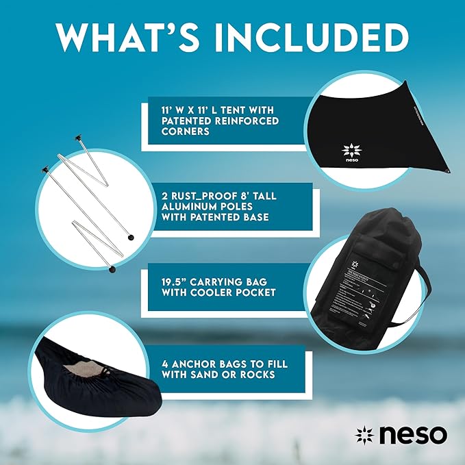 Neso Gigante Portable Beach Tent Sun Shelter - Lightweight Beach Shade Canopy - Easy Setup for Family Outings - Patented Reinforced Corners - UPF 50+ Sun Protection - 8ft Tall, 11 x 11ft - Black