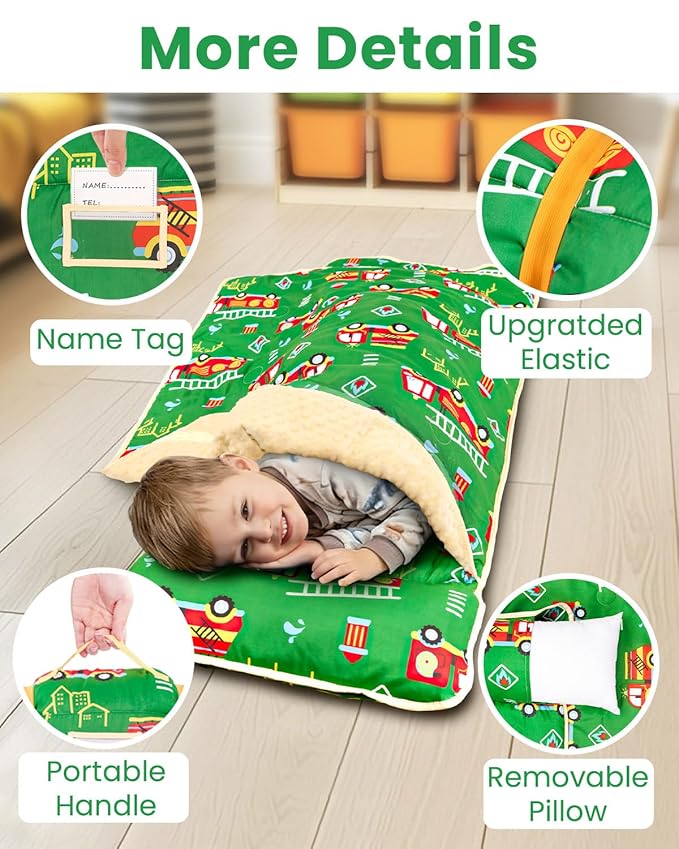 Toddler Nap Mat with Pillow and Minky Blanket, Large 55"x38" Sleeping Bag, Washable, Lightweight, Easy to Roll, Perfect for Preschool, Daycare, Kindergarten, Travel, Boys and Girls-Truck