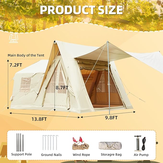 YOLENY Inflatable Tents for Camping, 6-12 Person Blow Up Tent with TPU Skylight, Canopy, Mesh Windows, Stove Jack & Pump, 4 Season Large Inflatable Tent, Waterproof & Windproof