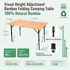 KingCamp Bamboo Folding Table, 47 Inch Large Portable Camping Table with Adjustable Height Legs for Uneven Ground, High-Strength Bamboo Surface Holds 265lbs, Multi-Scenario Table for Home & Outdoor