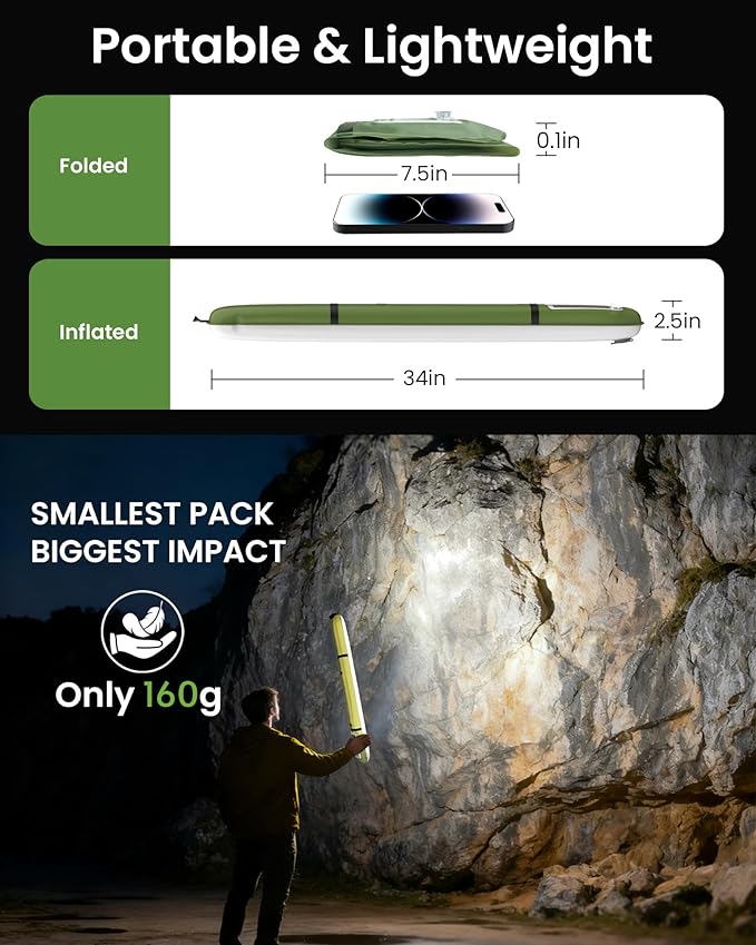 4000mAh Inflatable Solar Camping Lantern - 339 Lumens Ultra Bright 34” LED Light Tube & Power Bank, IP66 Waterproof USB-C Rechargeable Portable Tent Lamp for Hurricane, Power Outage, Survival Kits