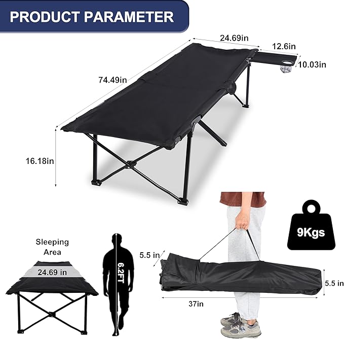 YSSOA Folding Camping Cot with Table for Adults, Portable and Lightweight Sleeping Bed for Outdoor Traveling, Hiking, Easy to Set up, Black