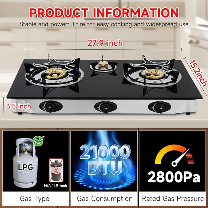 Propane Gas Cooktop,3 Burners Gas Stove portable, 0.28"Tempered Glass, Auto Ignition Camping 3 Burner LPG for RV,Apartments,Outdoor