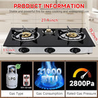 Propane Gas Cooktop,3 Burners Gas Stove portable, 0.28"Tempered Glass, Auto Ignition Camping 3 Burner LPG for RV,Apartments,Outdoor
