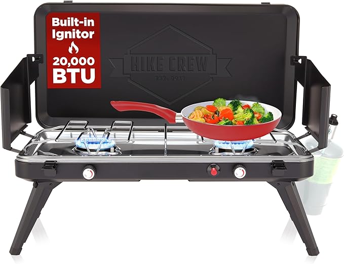 Hike Crew Gas Camping Stove | 20,000 BTU 2 Burner Propane Portable Stovetop | Foldable Legs | Integrated Igniter & Included Regulator | Wind Panels & Built-in Carrying Handle
