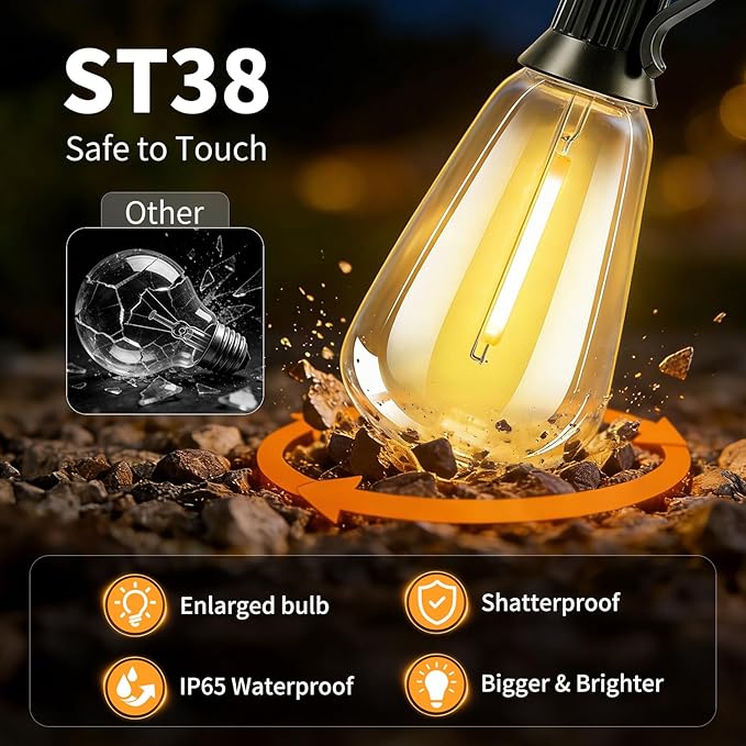Outdoor Solar String Lights Waterproof: ST38 33ft Shatterproof Patio Lights - Solar Powered & USB Dual Charging - 3 Modes Button Control - Garden Backyard Gazebo Porch Party Decor