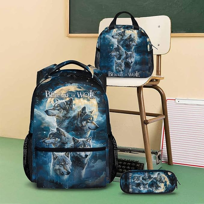 Kids School Backpacks, Cool Wolf Schoolbag, 3 Pcs Preschool Elementary Kindergarten Backpacks, 17 Inch Bookbags for Kids 2nd 3rd Grade, Animal Bookbag for School Travel Hiking Picnic