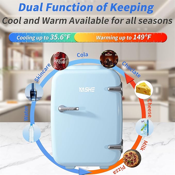 Mini Fridge, 4 Liter/6 Can Mini Makeup Fridge, 110V AC/ 12V DC Portable Thermoelectric Cooler&Warmer for Skincare, Drink, Cosmetic, Medicine, Small fridge for Bedroom, Office, Dorm, Car, Blue