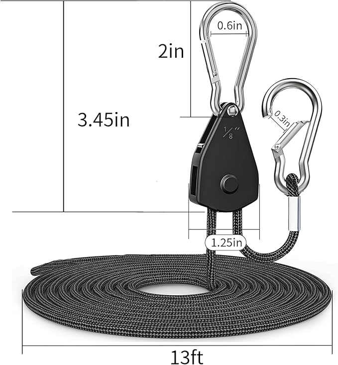 CONBOLA Camping Rope 1/8" Adjustable Rope Hanger & Pulley System with Metal Gear Heavy Duty Ratchet Tie Down Straps Camping Accessories for Tents, Tarps & Kayaks,Durable Paracord Rope for Grow Light.