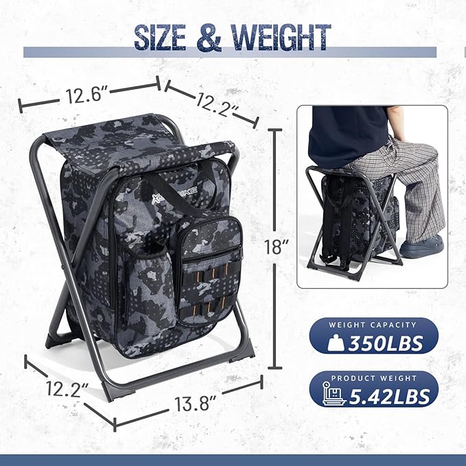 X Strike Backpack Fishing Chair with Cooler Bag, Foldable Camping Stool for Adults up to 350 lbs, Portable Lightweight for Hunting, Hiking, Outdoors