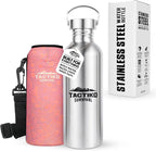 Tactiko Survival 34 oz/1000 ml Stainless Steel Wide Mouth Water Bottle, Single Wall Boil-Safe, Leakproof, BPA-Free with Carry Sleeve and Strap for Camping, Hiking, Outdoor Prep (Pink)