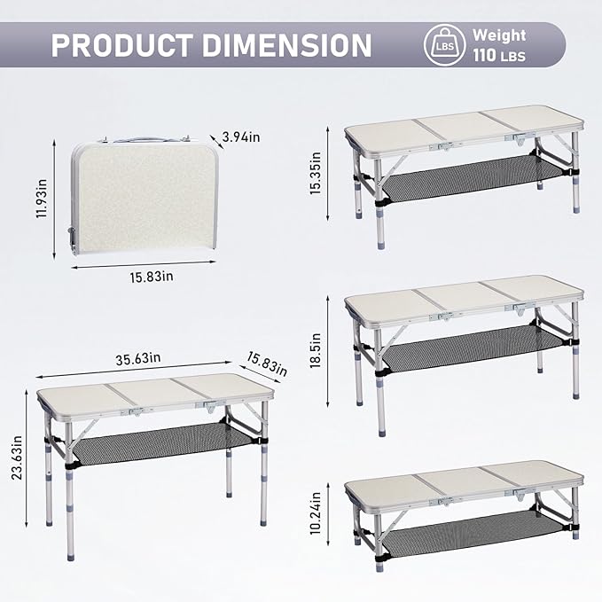 VINGLI Small Folding Table Portable 3FT Aluminum Foldable Camping Table for Picnic Card Table with 3 Adjustable Height & Carry Handle for Outdoor Indoor Hiking Camp BBQ Beach-White