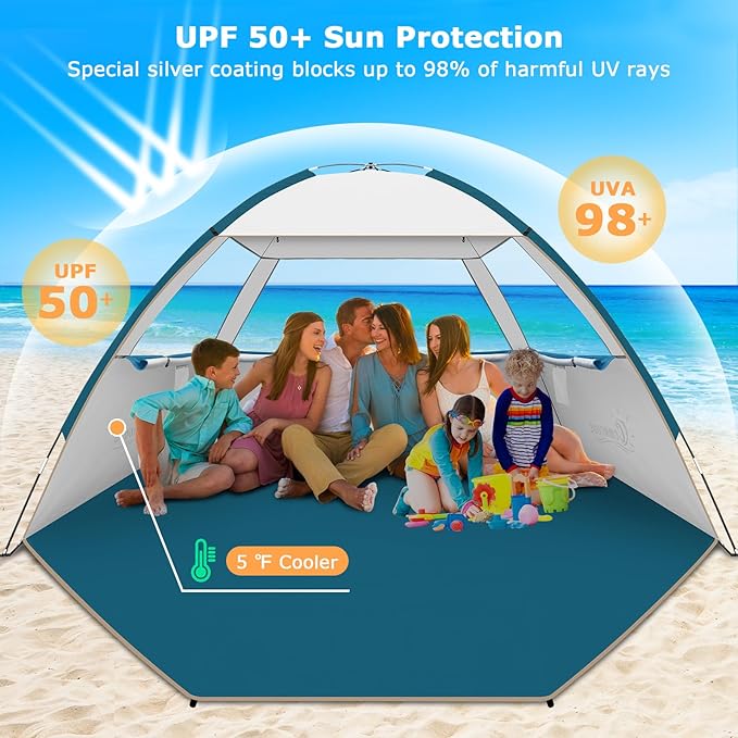 COMMOUDS Beach Tent Sun Shade for 3/4/6/8 Person, UPF 50+ Beach Sun Shelter Canopy Tent, Lightweight, Easy Set Up and Carry
