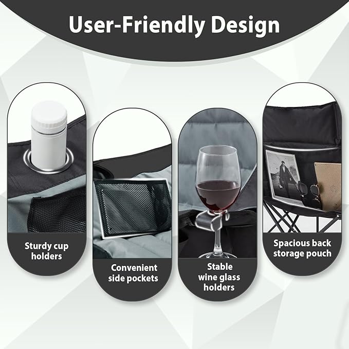 Oversized Double Camping Chair, Folding Loveseat Camping Couch with Pocket, Cup Holder and Carry Bag, Heavy Duty Portable Camping Chairs for Adults, Fishing, Sports, Trip, up to 660lbs, Black