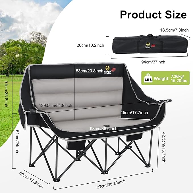 Nice C Heated Camping Chair with Battery, Outdoor Heated Folding Chairs, Double Padded Camping Chair for Adults, Camping Couch, with Cooler Bag, 2 Power Banks Included (Black&Grey)