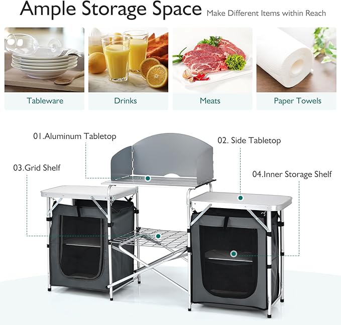 Goplus Folding Camping Kitchen Table with Storage, Aluminum Portable Outdoor Cooking Table with Windscreen, Foldable Camp Table Cook Station for BBQ, Grill, Party, Picnics