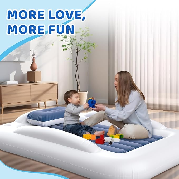 Inflatable Toddler Travel Bed - 60 Inches Portable Toddler Bed for Travel with Safety Sides - Cozy Kids Air Mattress Set with Built-in Electric Pump & Carry Case- Easy to Inflate - Sea Blue