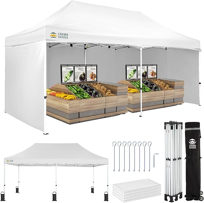 CROWN SHADES 10x20 Pop Up Canopy Tent, Thicken Frame Commercial Heavy Duty Tent, 4 Sidewalls 8 Stakes & 4 Sandbags & 4 Ropes, Outdoor Canopies for Events, Parties,White