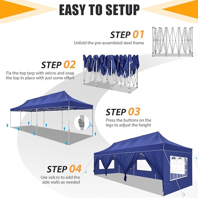 HOTEEL 10x30 Heavy Duty Pop Up Canopy Tent with Sidewalls, Tents for Parties Commercial Party Tent Event Wedding Instant Canopy Waterproof with Carry Bag, UV 50+, Thicked Hexagonal Legs, Deep Blue