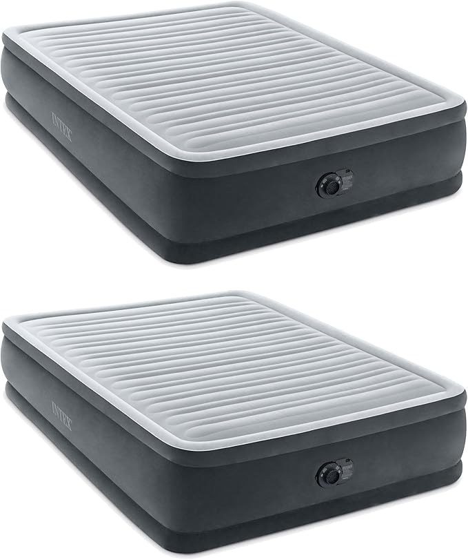 Intex 64413ED Dura Beam Elevated Fiber Tech Soft Air Mattress Bed w/Built in Pump & Portable Storage Case for Travel and Camping, Queen (2 Pack)