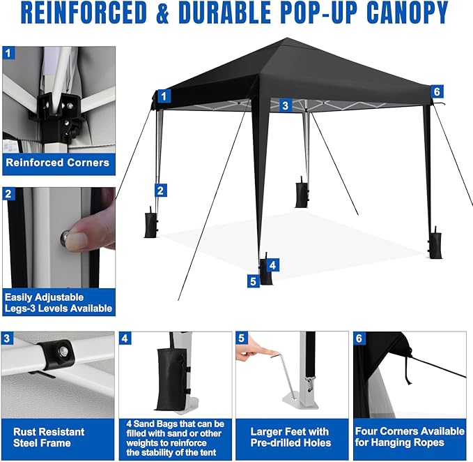 Yesker 10x10 Pop Up Canopy Tent UPF 50+ Waterproof Outdoor Canopy Portable Folding Easy Setup Gazebo Adjustable Height Instant Sun Shade Tent with Wheeled Bag for Events Parties Camping Patio, Black