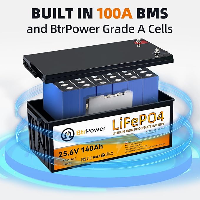 24V 140Ah LiFePO4 Battery, Built-in 100A BMS,3584Wh Lithium Battery,4000-15000 Deep Cycles & 10-Year Lifetime, Perfect for Marine, RV, Marine, Trolling Motor, Solar Off-Grid System