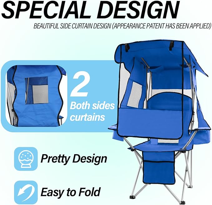 ptlsy Beach Chair with Canopy Shade Folding Camping Chair for Adults with Cup Holders, Cooler Bag for Camping, Fishing, Beach, Sports and Concert (Blue)
