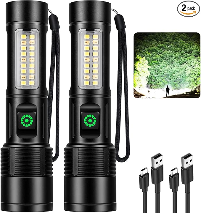 Rechargeable LED Flashlights High Lumens - 10,000LM Super Bright Flash Light with 6 Modes, Powerful Handheld Linternas for Home, Camping（2 Packs）