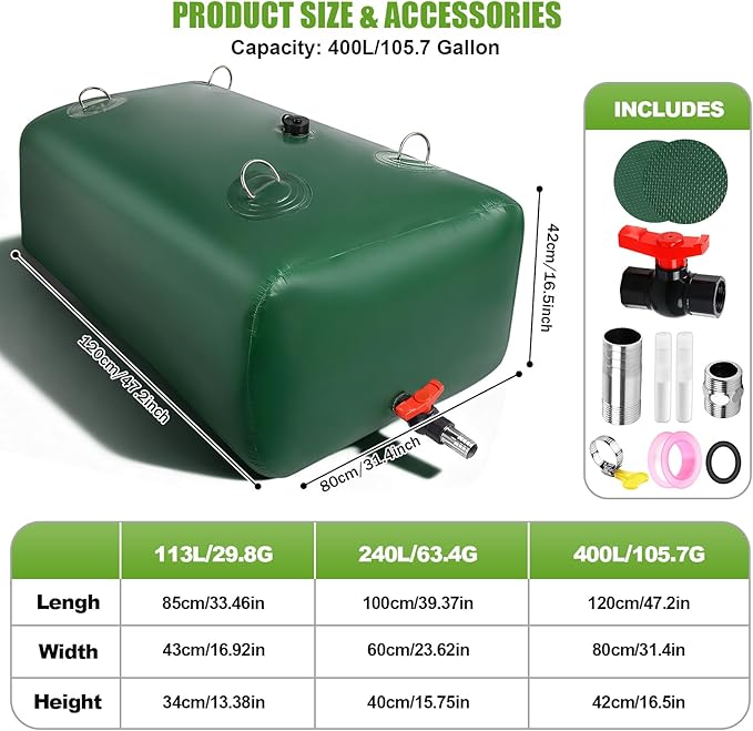 400 L/105.7 Gallon Water Storage Bladder, Foldable Portable Water Bladder Tank, Large Capacity Water Bag Container for Camping, Truck, RV, Emergency, Outdoor