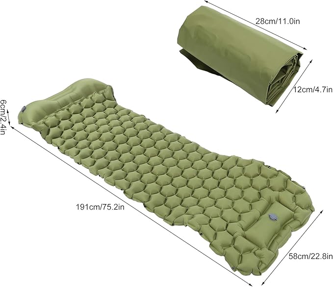 Camping Sleeping Pad Mat | 40D Nylon Fabric & TPU Laminate | Inflatable Cushion Mattress for Tent/Hiking/Travel | 2 - Way Valve, 700g Lightweight (Green)